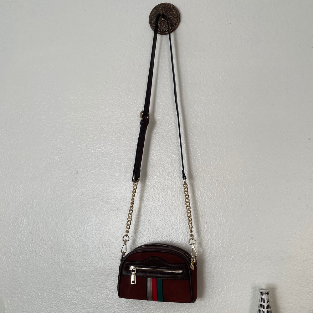 Burgundy Faux Suede Crossbody Bag with Stripe Detail and Gold Chain Strap